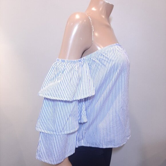 DIZZY LIZZY Strapless Striped Blouse Off Shoulder Ruffled Tiered Sleeve Top - Picture 6 of 8